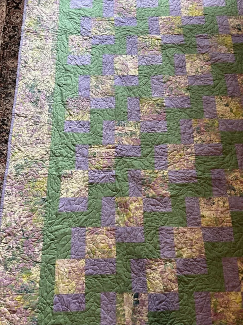 Homemade Modern King Quilt Green & Purple Size 100 X 92 Nine Patch